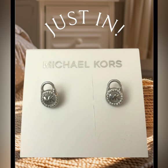 Michael Kors Earrings Stud Silvertone Stainless Steel Logo Locket - Picture 1 of 8